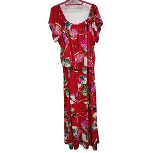Susan Graver Womens BOHO Maxi Dress Size 1X Red Floral Liquid Knit Short Sleeve